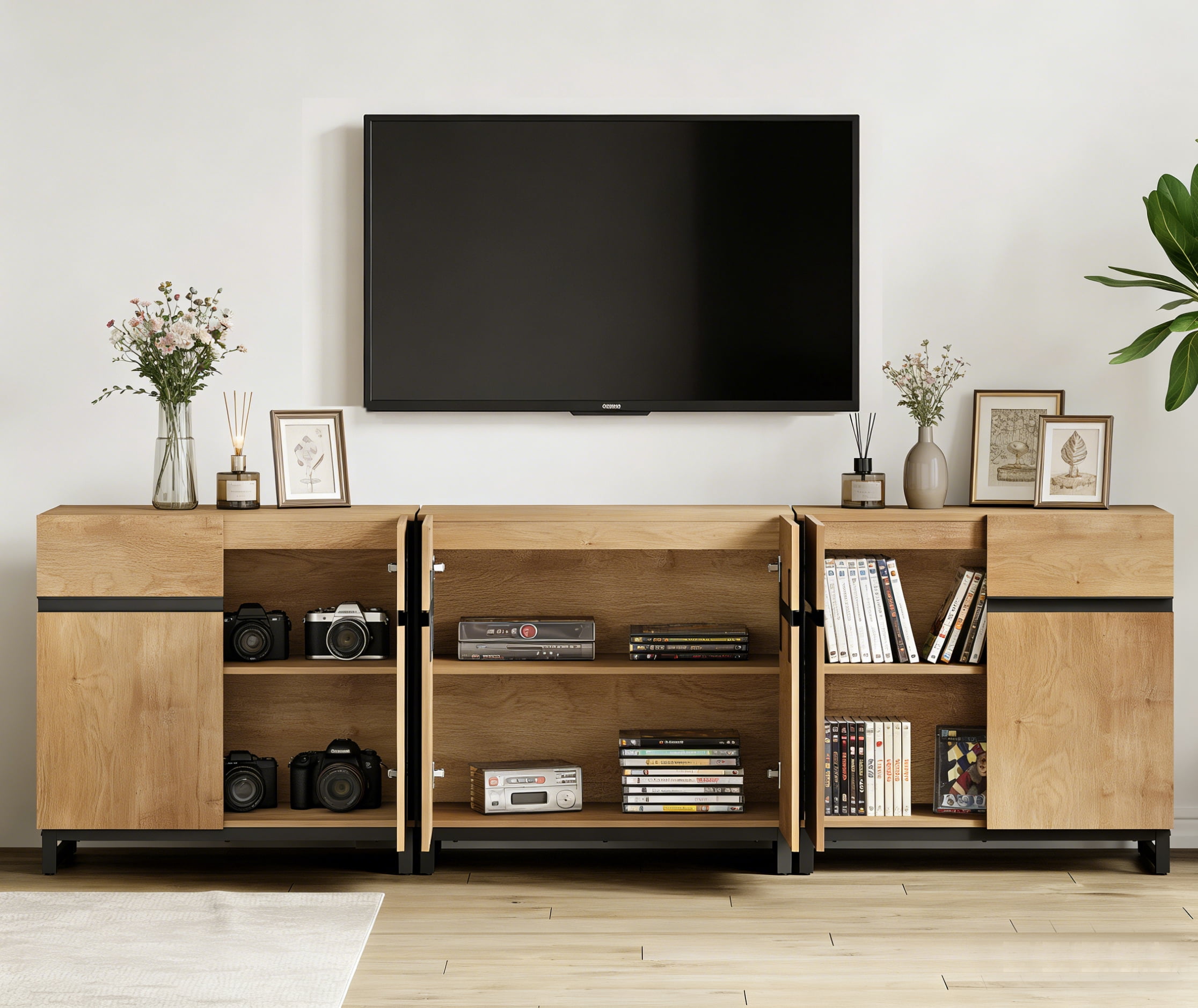 Modern 3-Piece Living Room Set – 94.5" TV Stand + 2 End Tables with Drawers, Entertainment Center with Storage Cabinet for Living Room,Oak