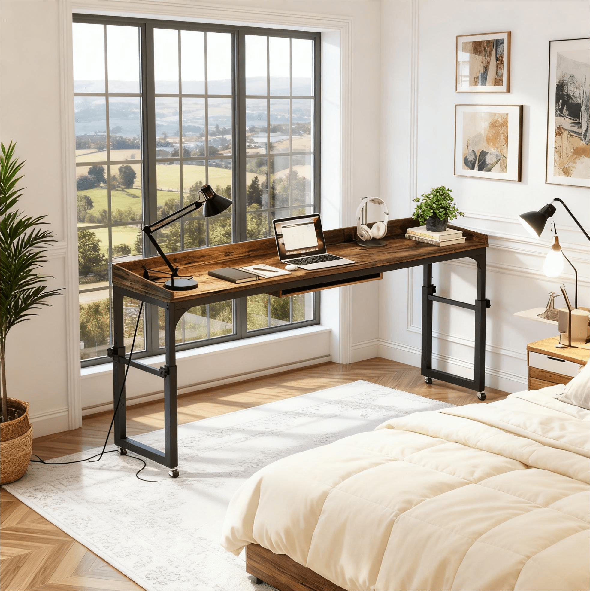 Fnova Overbed Table with Wheels, Height Adjustable Rolling Desk with Power Outlets & USB Ports, Tiltable Stand, for Queen Bed, Laptop Computer, Portable Hospital Home Use