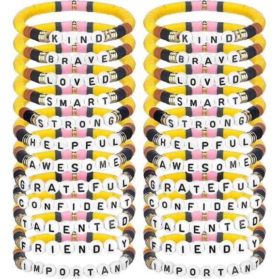 24 Pack Inspirational Word Bracelets for Kids, Colorful Stretch Wristbands with Positive Message Letter Beads, Party Favors, Classroom Rewards, Birthday Gifts for Girls and Boys