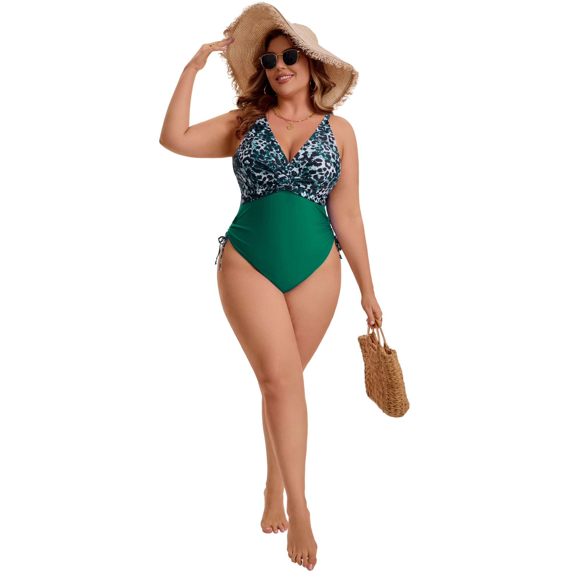 DARING DIVA Women's Plus Swimsuit with V Neck and Adjustable Push Up Design 3X Green