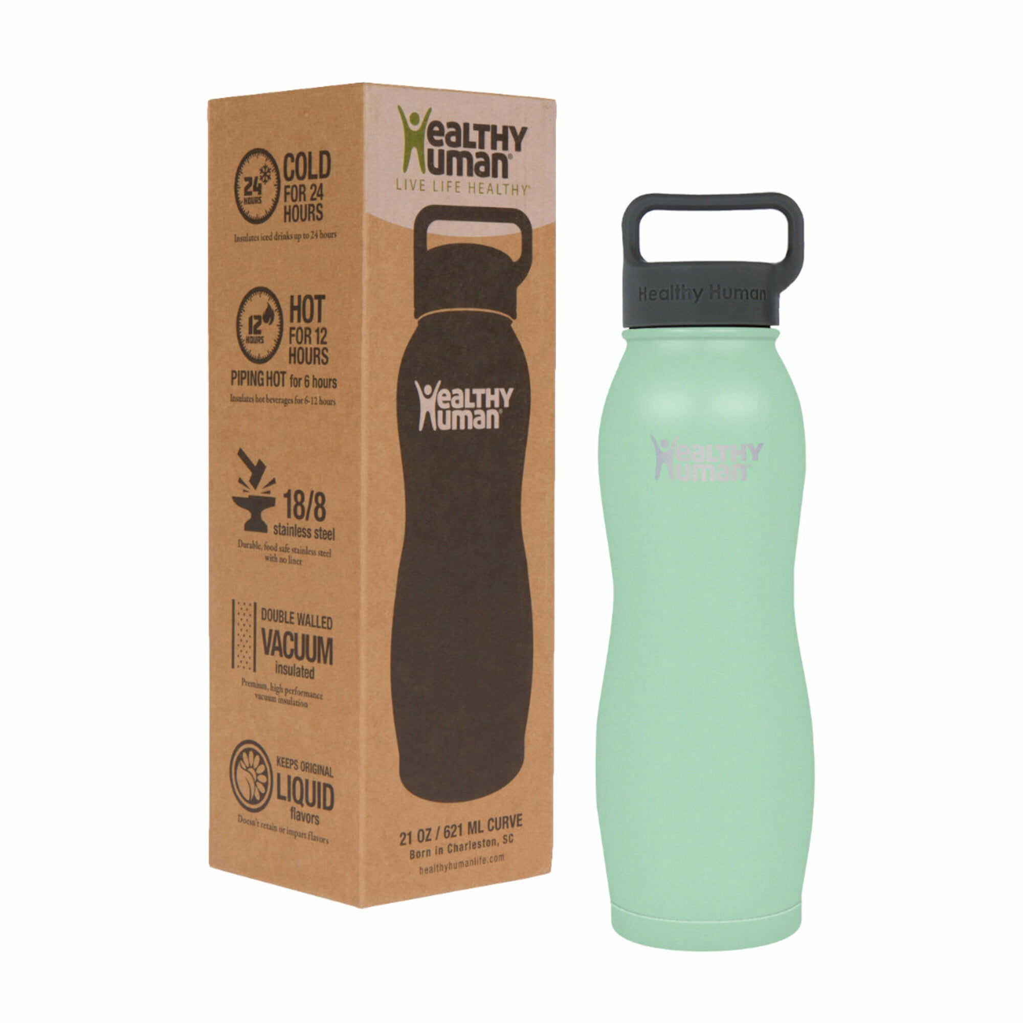 Healthy Human Stainless Steel Curve Water Bottle | 100% BPA Free Thermos for Kids & Adults | Double Walled Vacuum Insulated | Metal Bottles with Leak Proof Lid (21 oz/ 621 ML, Seamist)