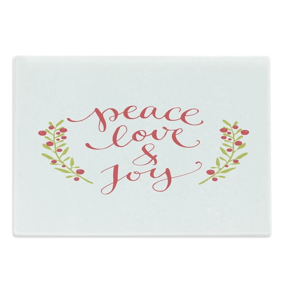 Saying Cutting Board, Peace Love and Joy Calligraphic Xmas Text with Winter Berries Wreath, Decorative Tempered Glass Cutting and Serving Board, Large Size, Dark Coral Yellow Green, by Ambesonne