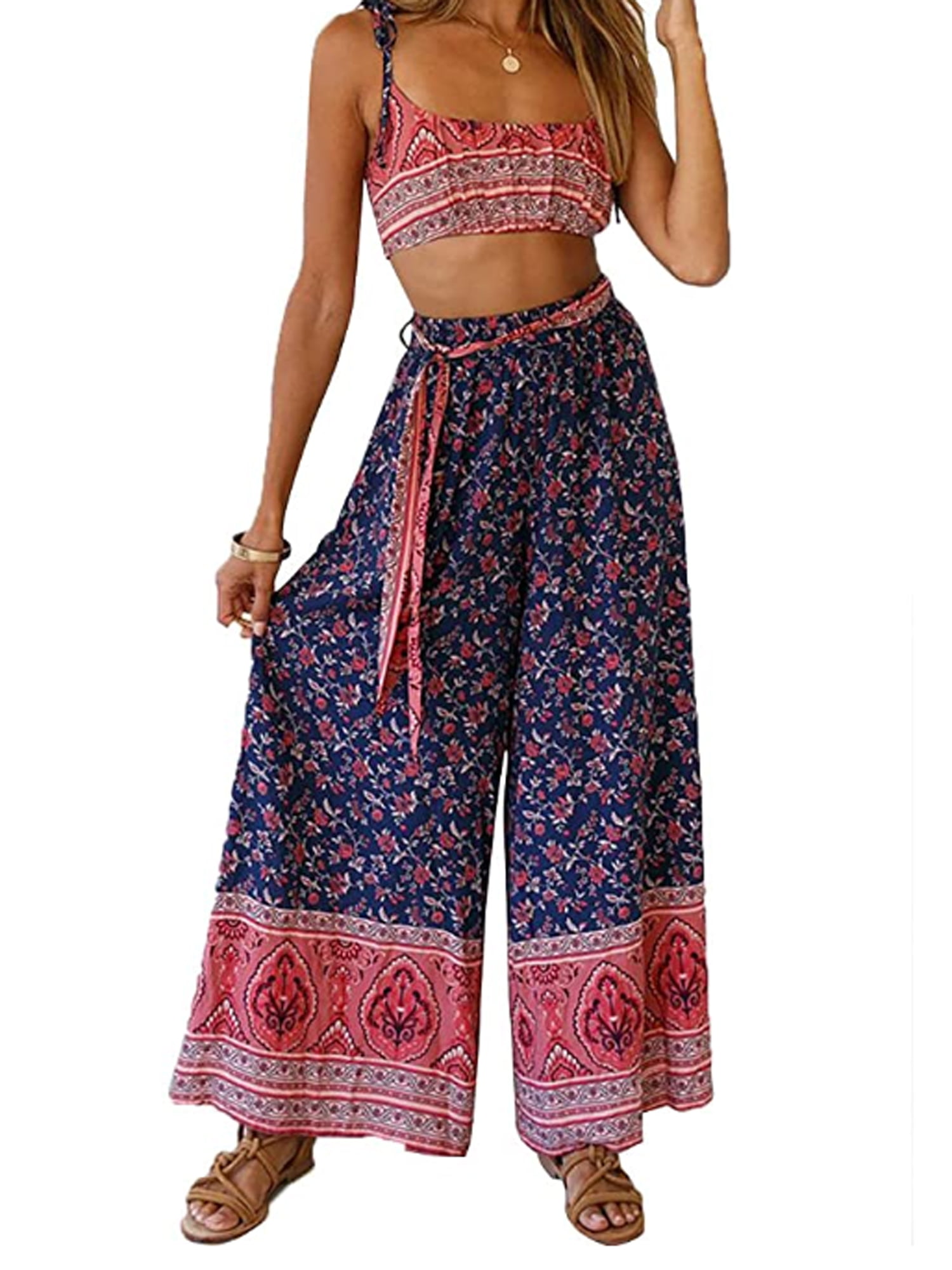 Women Casual Culottes Palazzo Floral Pants Boho Wide Leg Trousers Loose ...