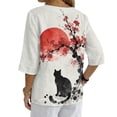 thumbnail image 2 of Xoenoiee Cat Plum Blossom Sunset Print Womens Casual V Neck Blouse 3/4 Sleeve Loose Fit Tunic Top Button Front Shirts for Work Travel Daily Wear, S, 2 of 7