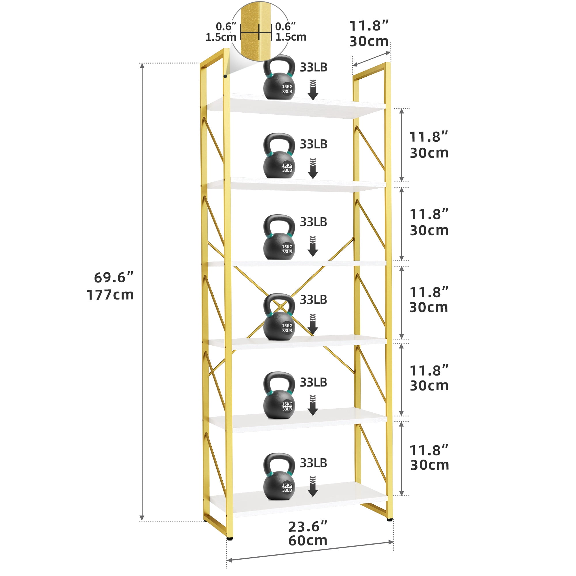 Dextrus 6 Tiers Ladder Bookshelf, 69 inch Classically Modern Freestanding Bookcase,Modern Open Display Storage Organizer Book Shelves in Living Room/Home/Office,Gold