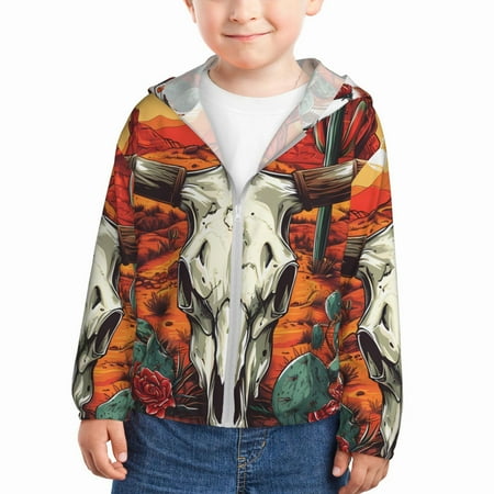 

Ocsxa Western Desert Cactus Ram Skull Print Kids Active Zipper Sun Protection Jacket Boys Girls Hooded Cooling Shirt-5 Years