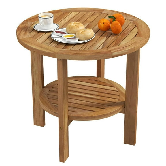 YYAo Patio Center Tables,Outdoor Teak Wood Round Side Table Patio End Table with Slatted Storage Shelf