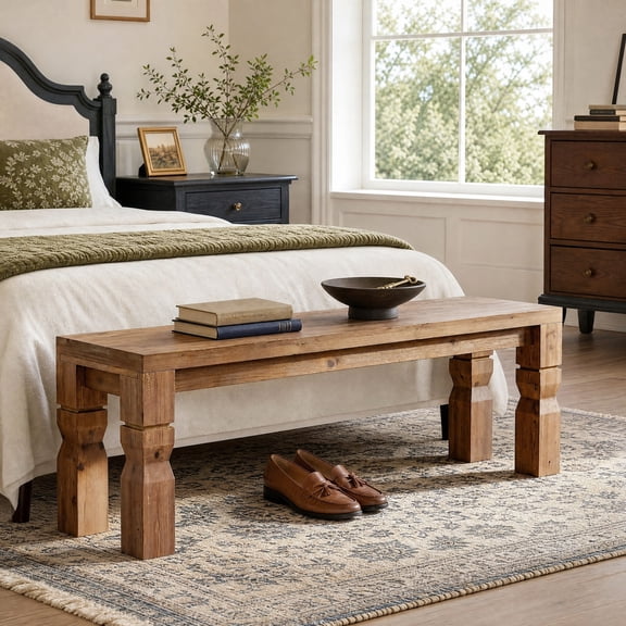 Fnova 55" Solid Wood Entryway Bench, Farmhouse Bench Seat for Living Room, Easy Assembly, Brown