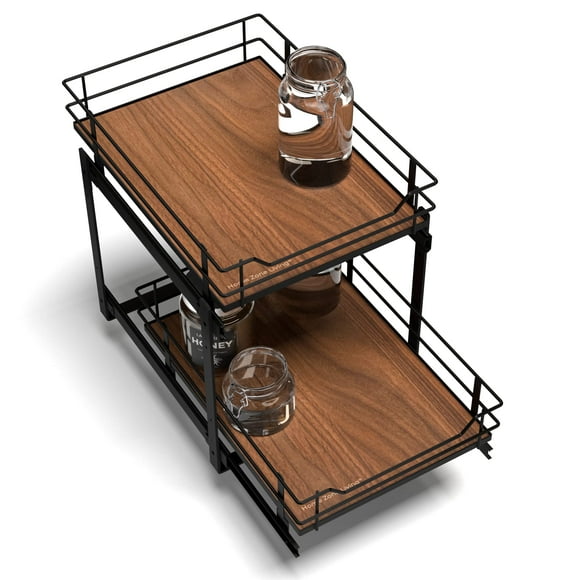 Home Zone Living 2 Tiers Organizer, Kitchen Under Sink Storage, Pantry Organizer and Storage, Pull Out Cabinet Shelf Organizer, 15”W x 20”D, Satin Nickel Light Brown Wo