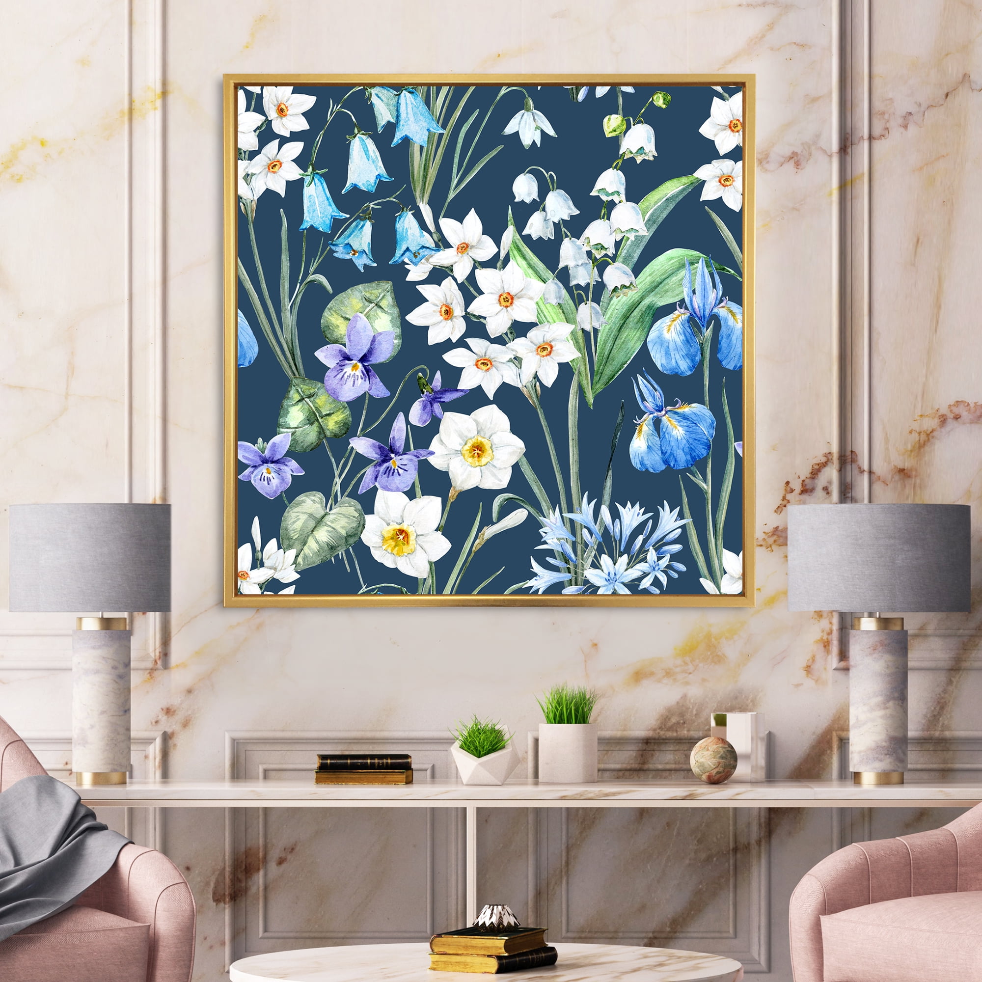 Designart 'Blue and White Spring Flowers On Dark Blue' Traditional Framed Canvas Wall Art Print
