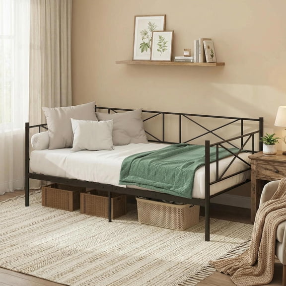 Topcobe Twin Size Platform Bed with Heavy-duty Metal Slat Support, Modern Furniture for Bedroom, Fashion Design-Black