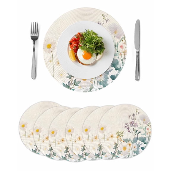 Watercolor Spring Floral Round 15 Inch Placemats Set of 6, Farmhouse Daisy Green Botanical HeatResistant Non Slip Place Mats for Dining Table, Wipeable Braided Kitchen Table Mats for Housewarming