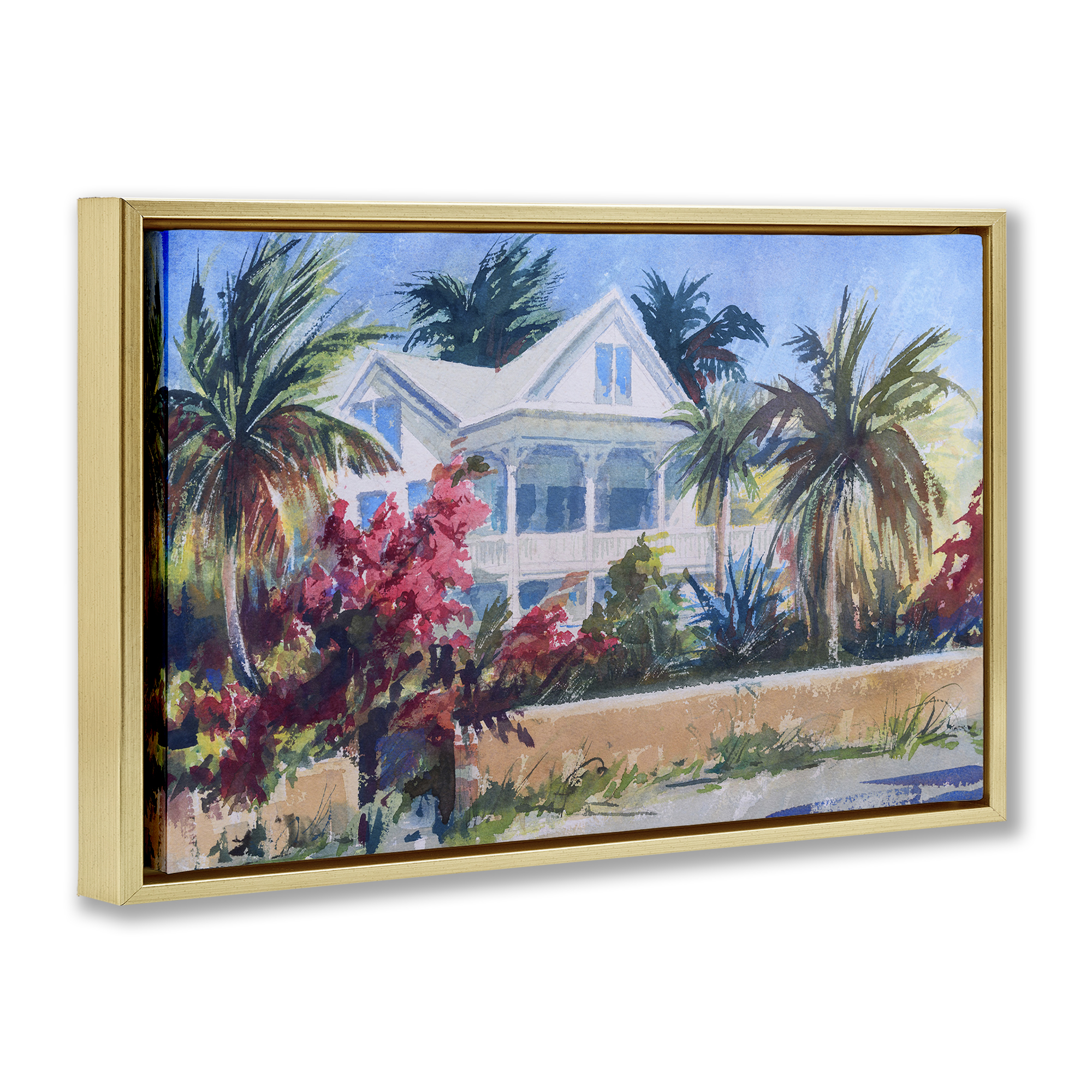 Stupell Industries Palm Tree Cottage Landscape Painting Gold Floater Framed Canvas Art Print Wall Art, 31 x 21