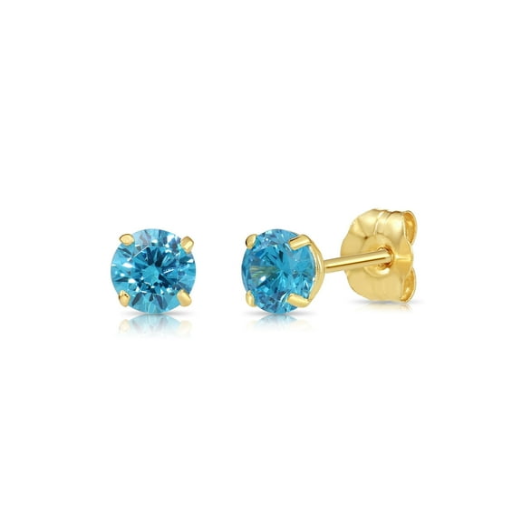 Tilo Jewelry 10K Yellow Gold Blue Round Stud Post Earrings with Cubic Zirconia CZ Birthstone | December-Blue Topaz | Women, Men, Unisex