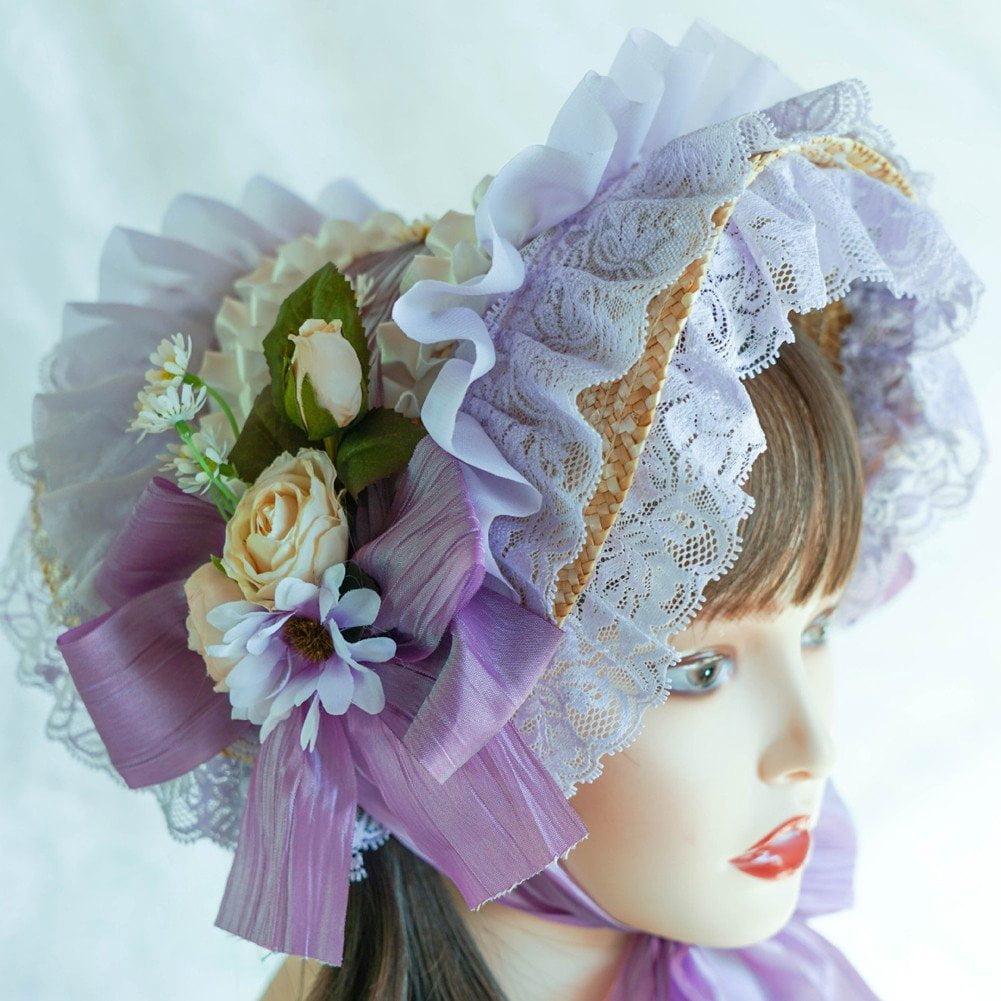 Jiibva Victorian Lace Flowers Bonnet Hat Teas Party Sunhat Flower Straw Hat Fashionn Beach Hats Headdress for Women