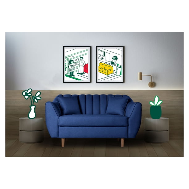 Sofá Love Seat 2 Plazas De Lino Azul Makora Eliana