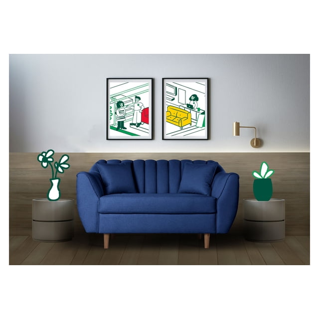 sofá love seat 2 plazas de lino azul makora eliana vista frontal centrada: love seat azul de dos plazas con tapizado de lino, respaldo con costillas verticales acolchadas, cojines sueltos, apoyabrazos curvos y patas de madera clara; ubicado en sala minimalista con mesas auxiliares redondas y cuadros en la pared. También suele usarse como asiento doble compacto ideal para ver películas o recibir visitas en espacios pequeños.