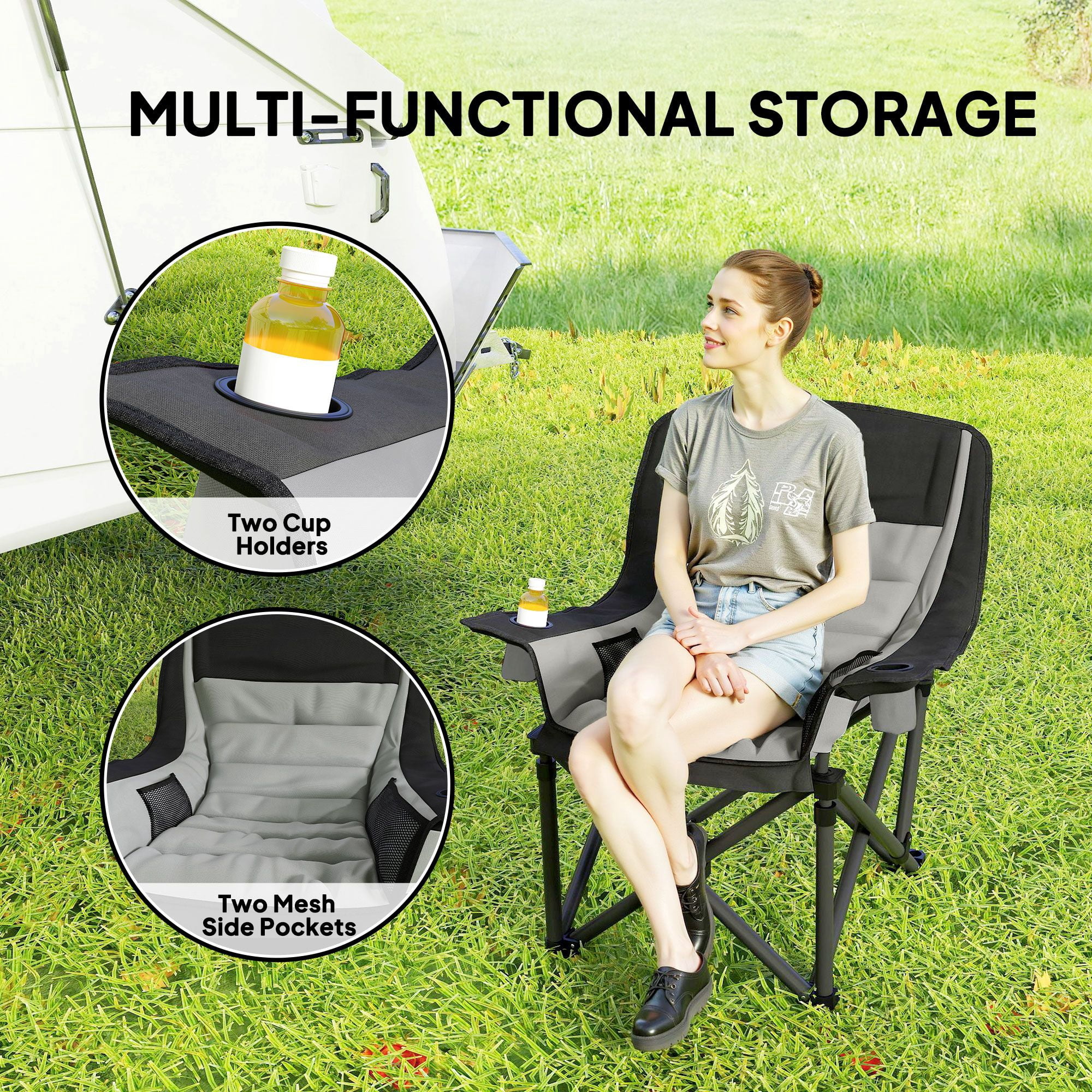 Padded Folding Camping Chair with Side Pockets & 2 Cup Holders, 600D Oxford Heavy Duty Metal Frame Portable Lawn Fishing Chair 265lbs Capacity with Carry Bag