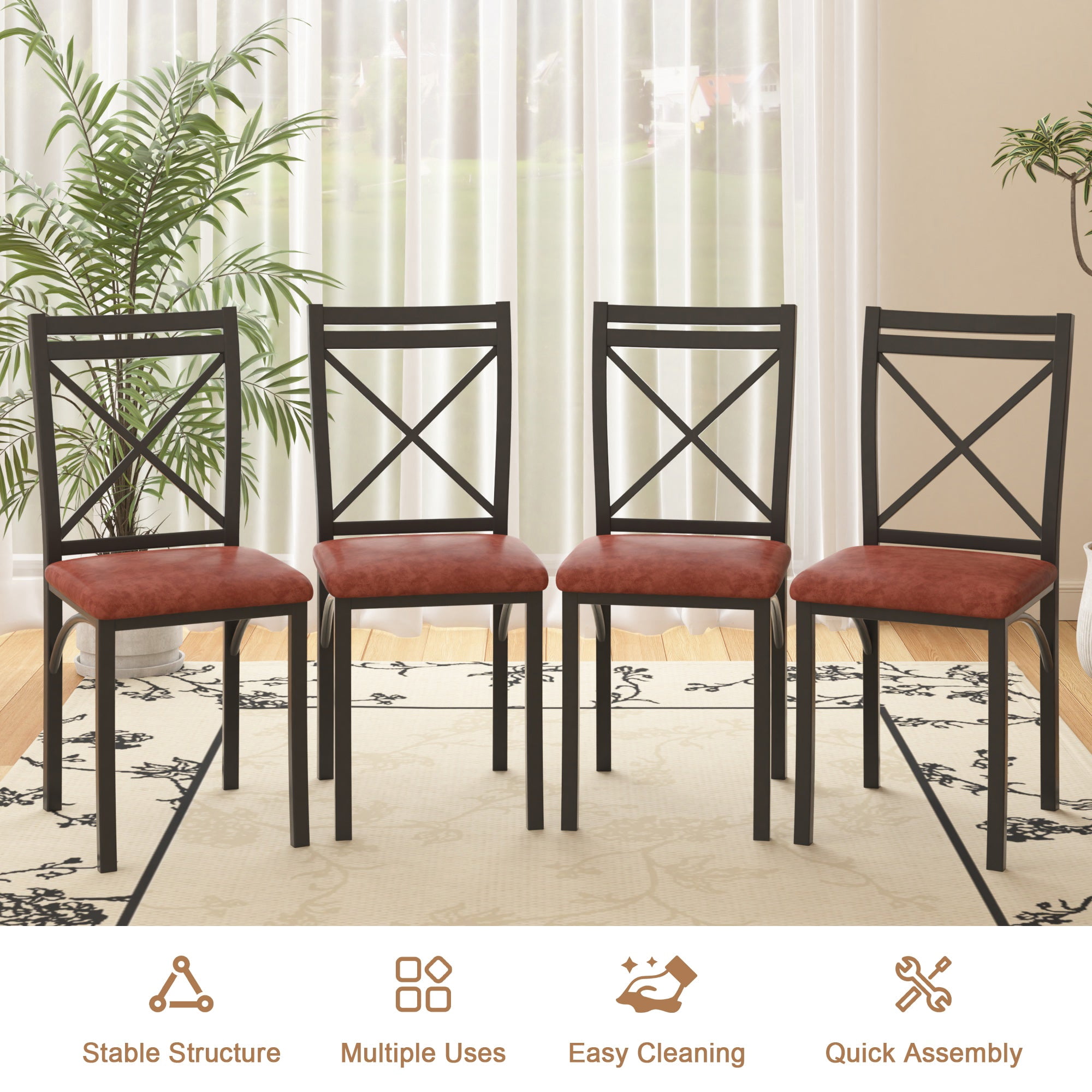 VECELO Dining Chair Set of 4, Modern Kitchen Upholstered Chairs with Backrest, Metal Legs and PU Leather Seat Set for Living Room Restaurant, Brown