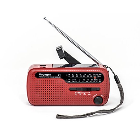 Voyager V1 Solar/Dynamo AM/FM/SW Emergency Radio with Cell Phone Charger & 3-LED Flashlight, Color Red