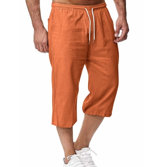 Ahabrexf Capris for Men Loose Casual Solid Color Drawstring with Pocket Polyester Pants