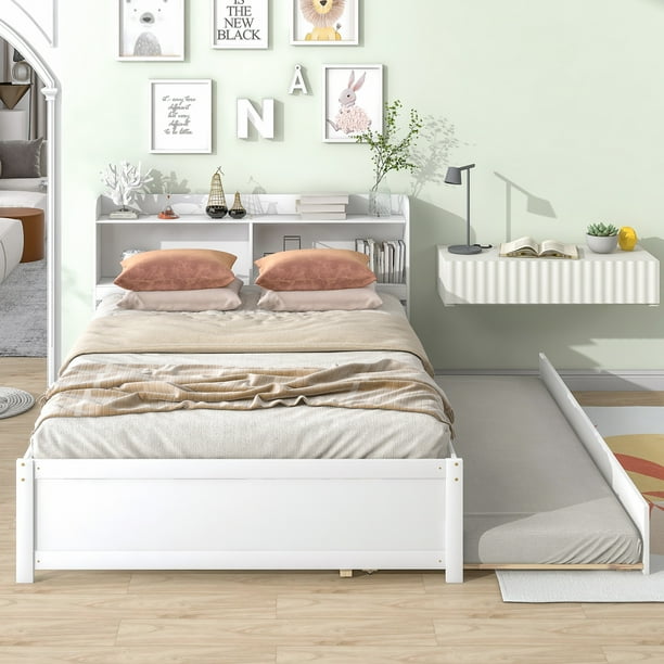 Full Trundle Bed with Bookcase Headboard, Wood Full Size Platform Bed