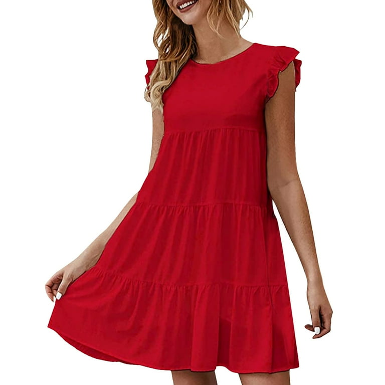 IDALL Summer Dresses,Casual Dresses Women'S Solid Color Round Neck Short  Sleeve Casual Cake Dress Pleated Swing Skirt Flowy Dresses,Petite Dresses, Fit And Flare Dress Red Dress XL - Walmart.com