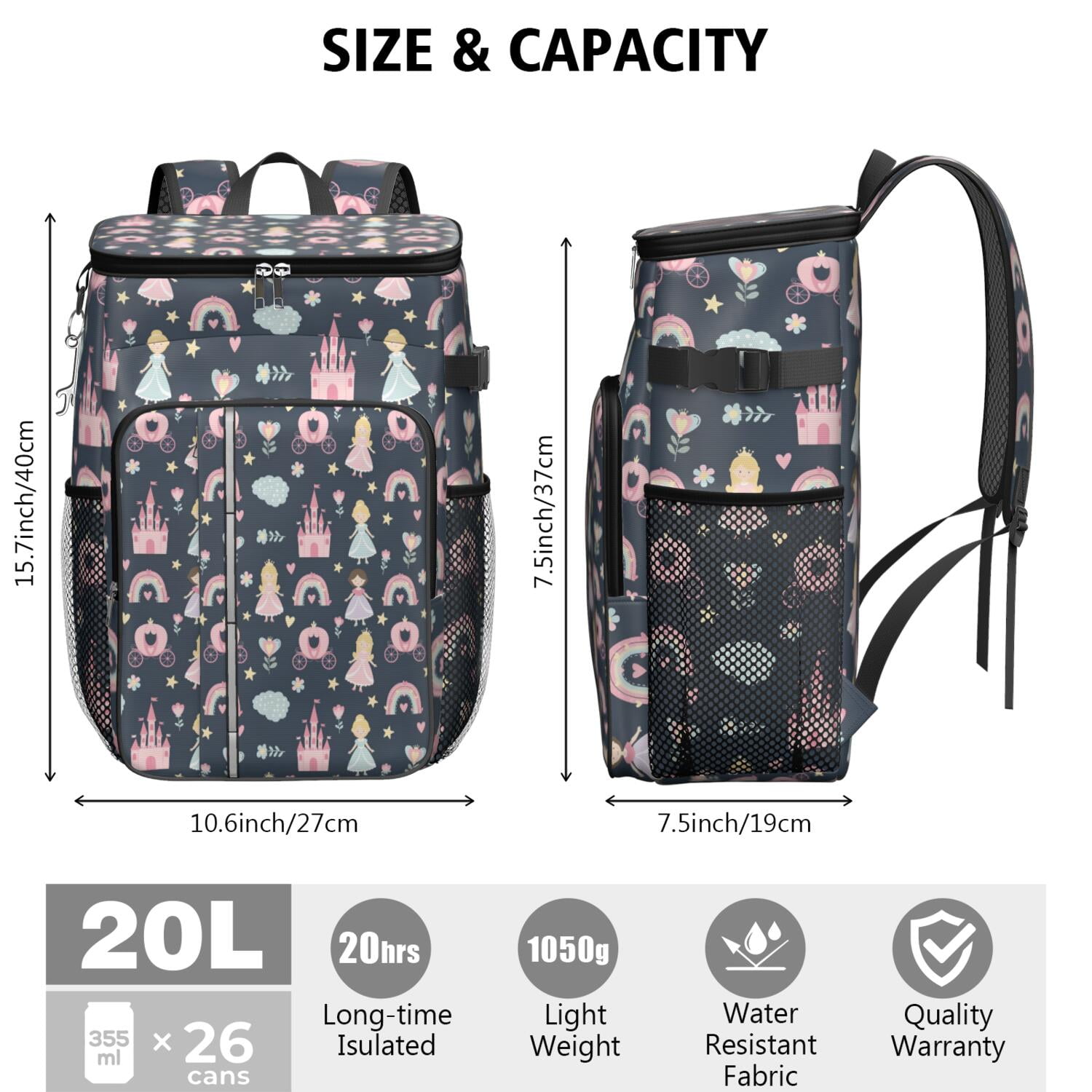 Travel Cooler Bag - Dark Blue Princess Castle Pattern Camping Beer Cooler Backpack with Bottle Opener- Waterproof Insulated Picnic Backpacks - Cooler Bag for Beach