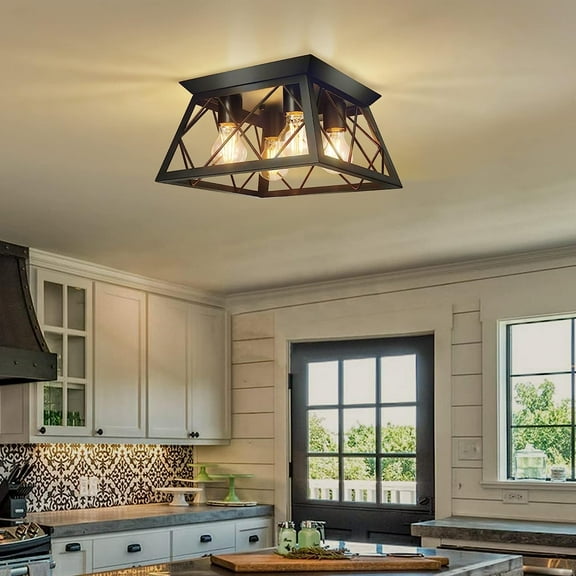 4-Light Farmhouse Flush Mount Ceiling Light Fixtures Black Metal Ceiling Light Fixture for Bedroom Living Room Dining Room Kitchen Porch