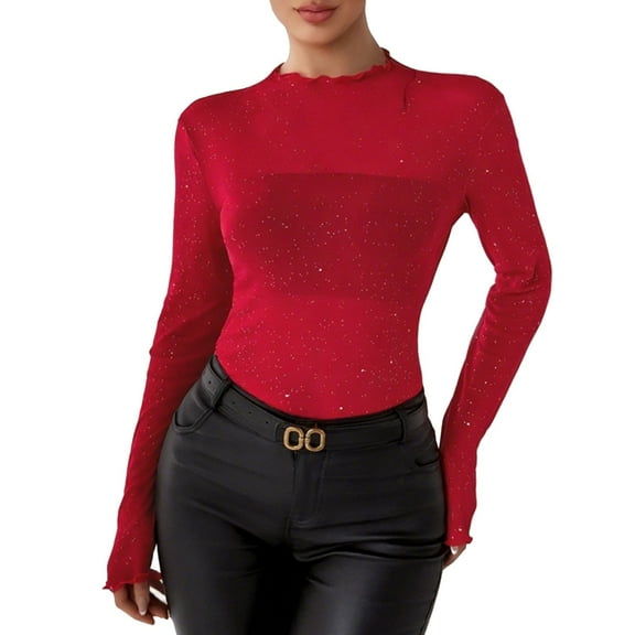 CLOISE Basic Tops for Women Crew Neck Shirt Solid Color Long Sleeve Pullover Casual Fall Winter Clothes Red L