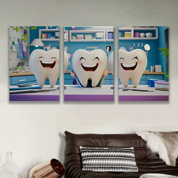 2D Flat, 3pcs Frameless Happy Tooth Wall Art Decor - Whimsical Cartoon Tooth Characters in Kitchen & Dental Office, Vibrant Spray-Painted Vertical Posters for Bedroom, Kitchen, Living Room - Mother'