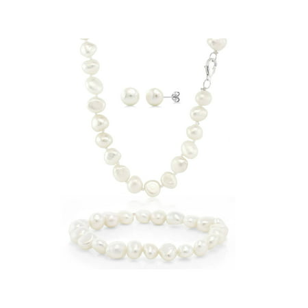Cultured Freshwater White Pearl Sterling Silver Necklace Earrings Bracelet Set