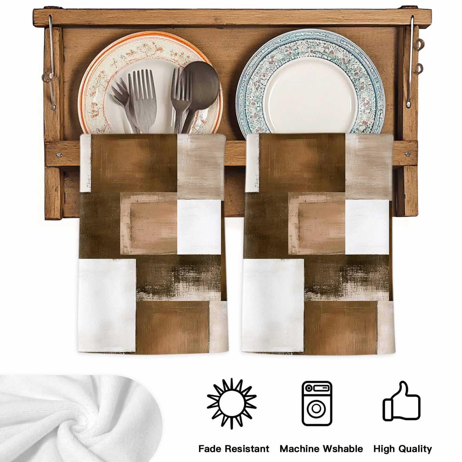 Dish Towels, Brown Plaid Absorbent Kitchen Towels 2 PCS, Abstract Art Color Block Microfiber Hand Towels Dish Cloths Tea Towels for Home&nbsp;Bathroom Cleaning Drying,18X28-Inch,