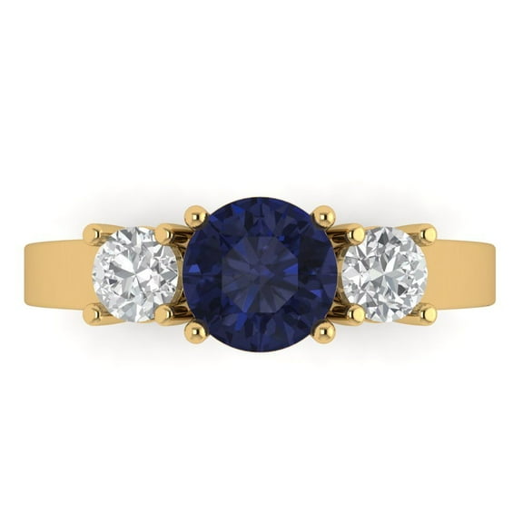 1.5 ctw 3 Stone Anniversary Ring for Women | Round Cut Simulated Blue Sapphire | Hyperallergenic Solid 18K Yellow Gold