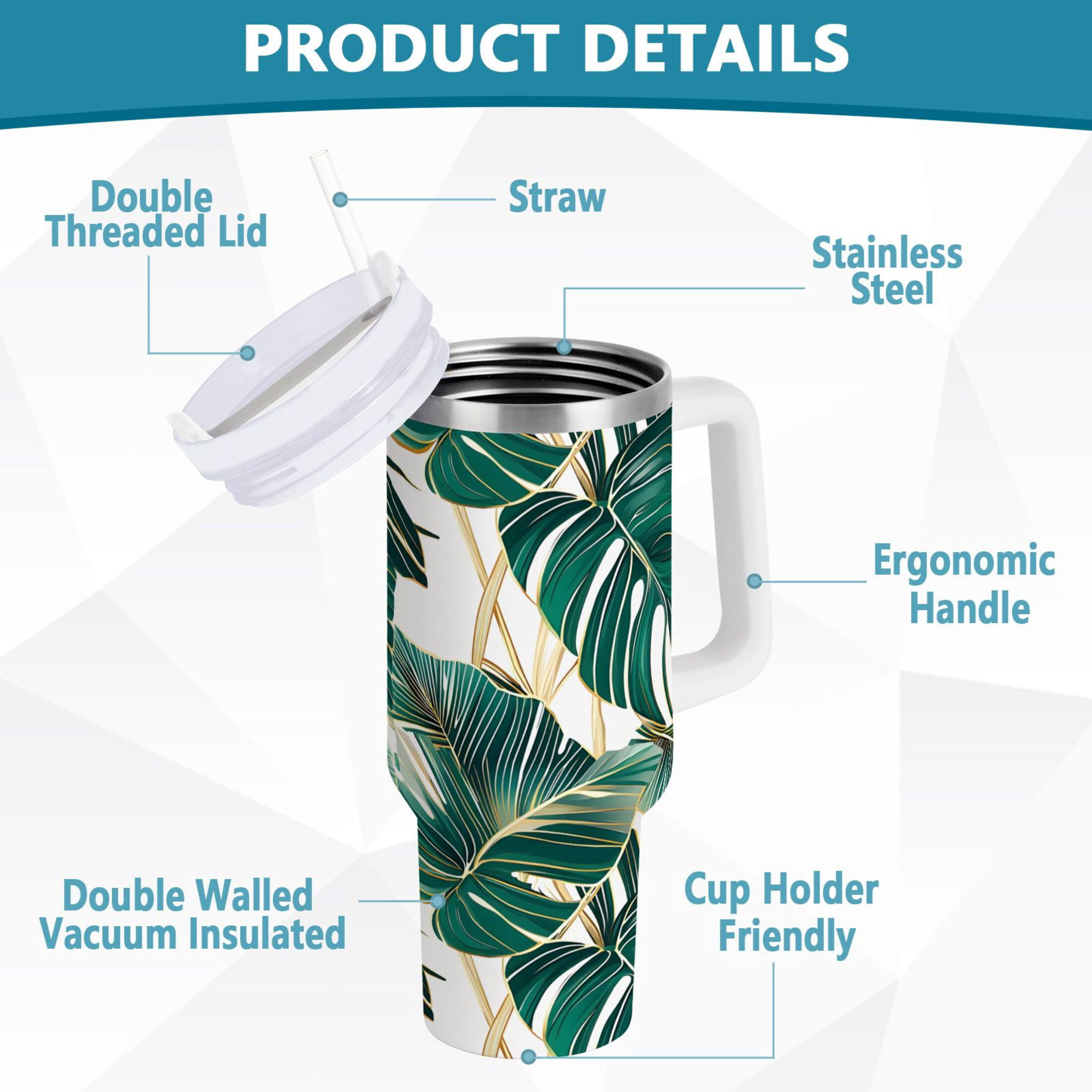 Ryvnso 40 oz Tumbler with Handle and Straw Tropical Leaves Green Insulated Stainless Steel Travel Mug with Lid