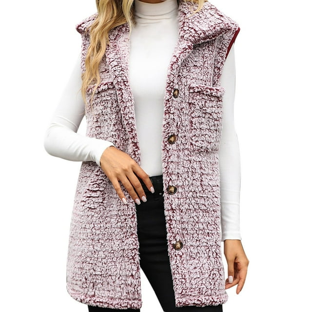 HBFAGFB Vestes pour Femmes Automne Hiver Col à Revers Sans Manches Gilet Chaud Long Manteau Rouge Taille P