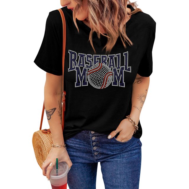 ABPHQTO Camiseta negra de manga corta con estampado BASEBALL MOM de mujer