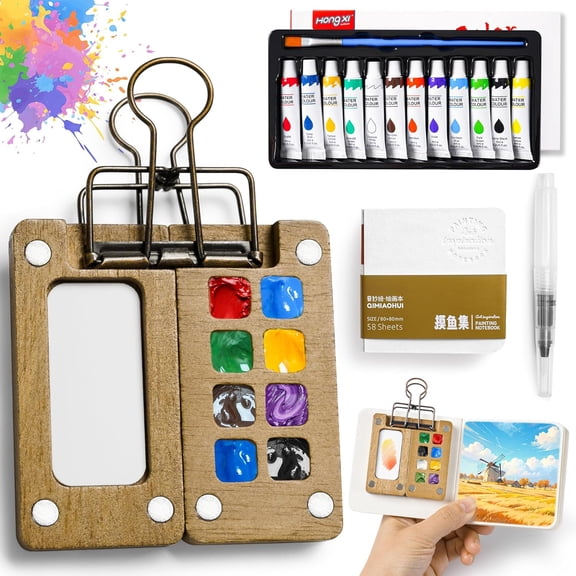 Vggrvlo Mini Watercolor Paint Set Portable Watercolor Paint Travel Set 12 Color Pocket Artist Watercolor Travel Kit with Picture Book 8 Grids Portable Wooden Paint Palette for Painters Artists
