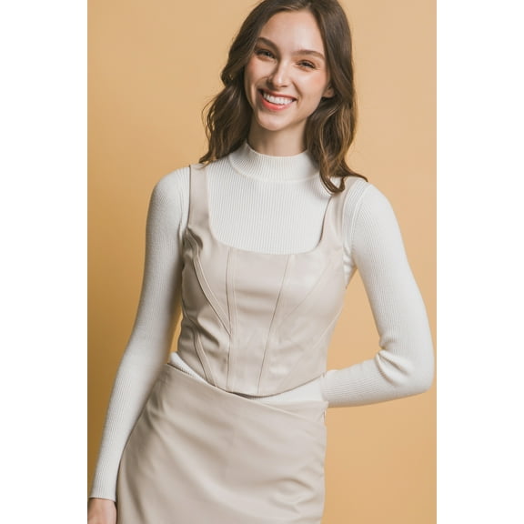 Saronite Faux Leather Mid Cropped Corsetry Top, Cream (Women's)