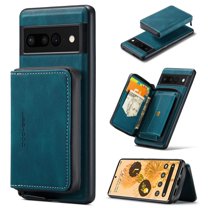 ELEHOLD Luxury Wallet Case for  Google Pixel 7 Leather Purse Case with Detachable Card Slots Zipper Pocket Kickstand Function Shockproof Protective Case,Blue