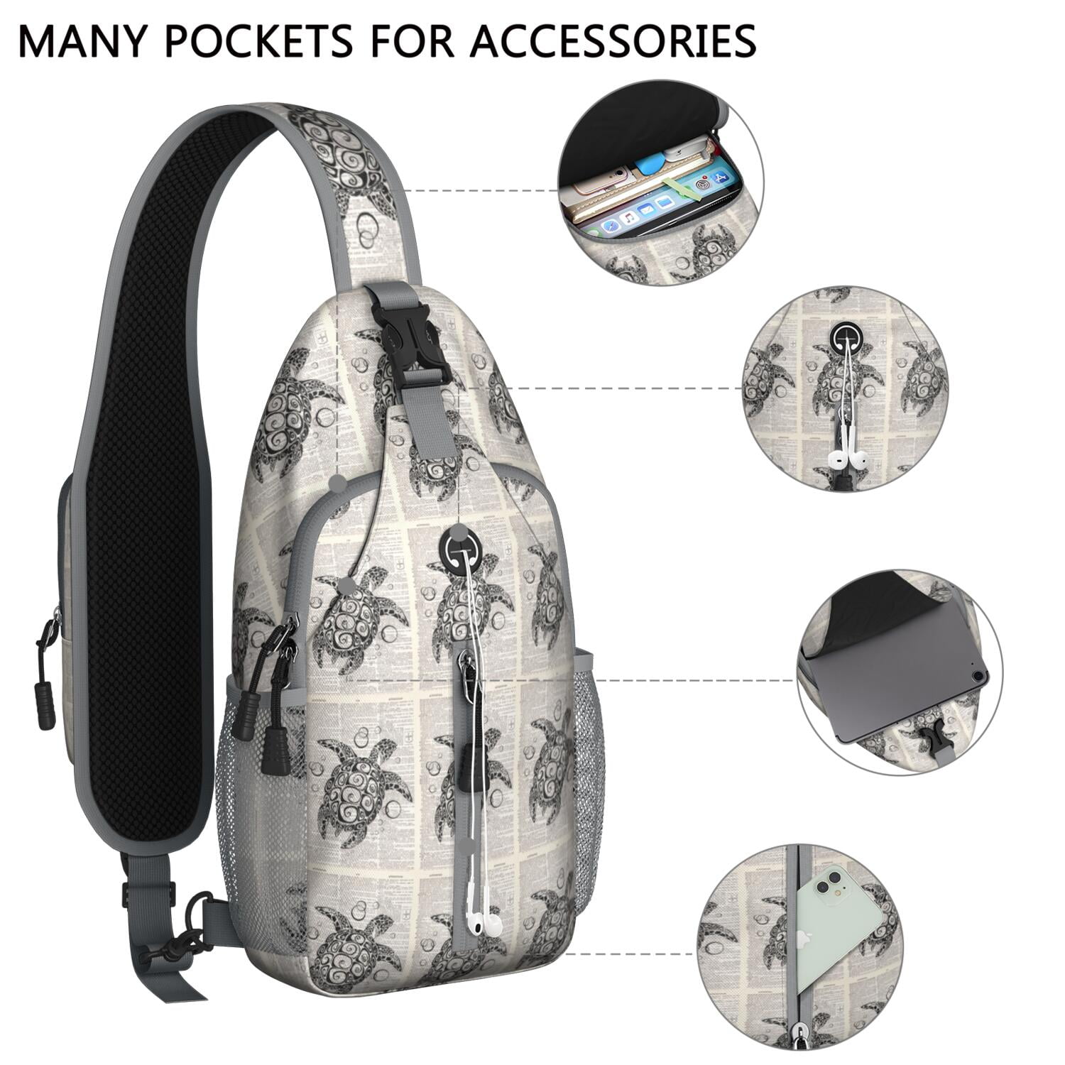 Crossbody Sling Backpack for Women Men Art Deco Turtle Vintage Dictionary Print Shoulder Sling Crossbody Casual Chest Bag for Travel Sports Running Hiking