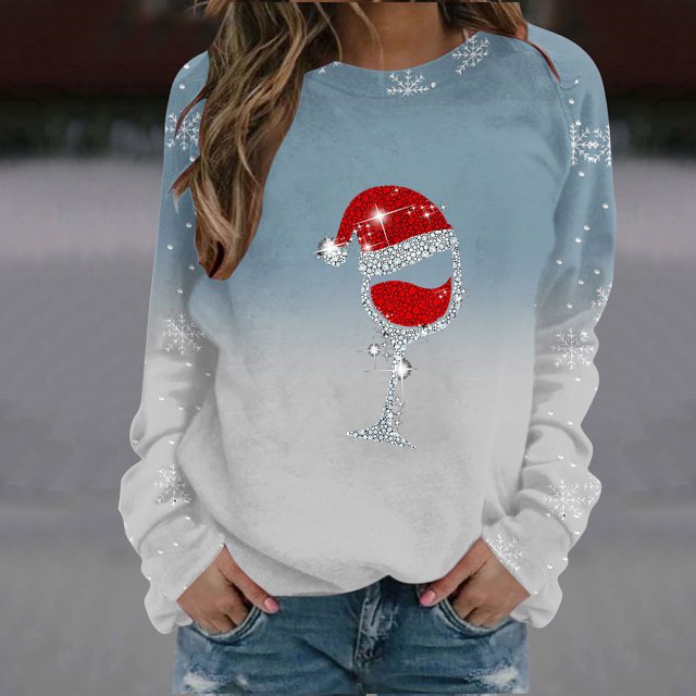 Prix Réduit! Aqestyerly Hauts de Noël Grande Taille pour Femmes Col Rond Sweat Imprimé de Noël Manches Longues Chandail en Molleton Sans Capuche