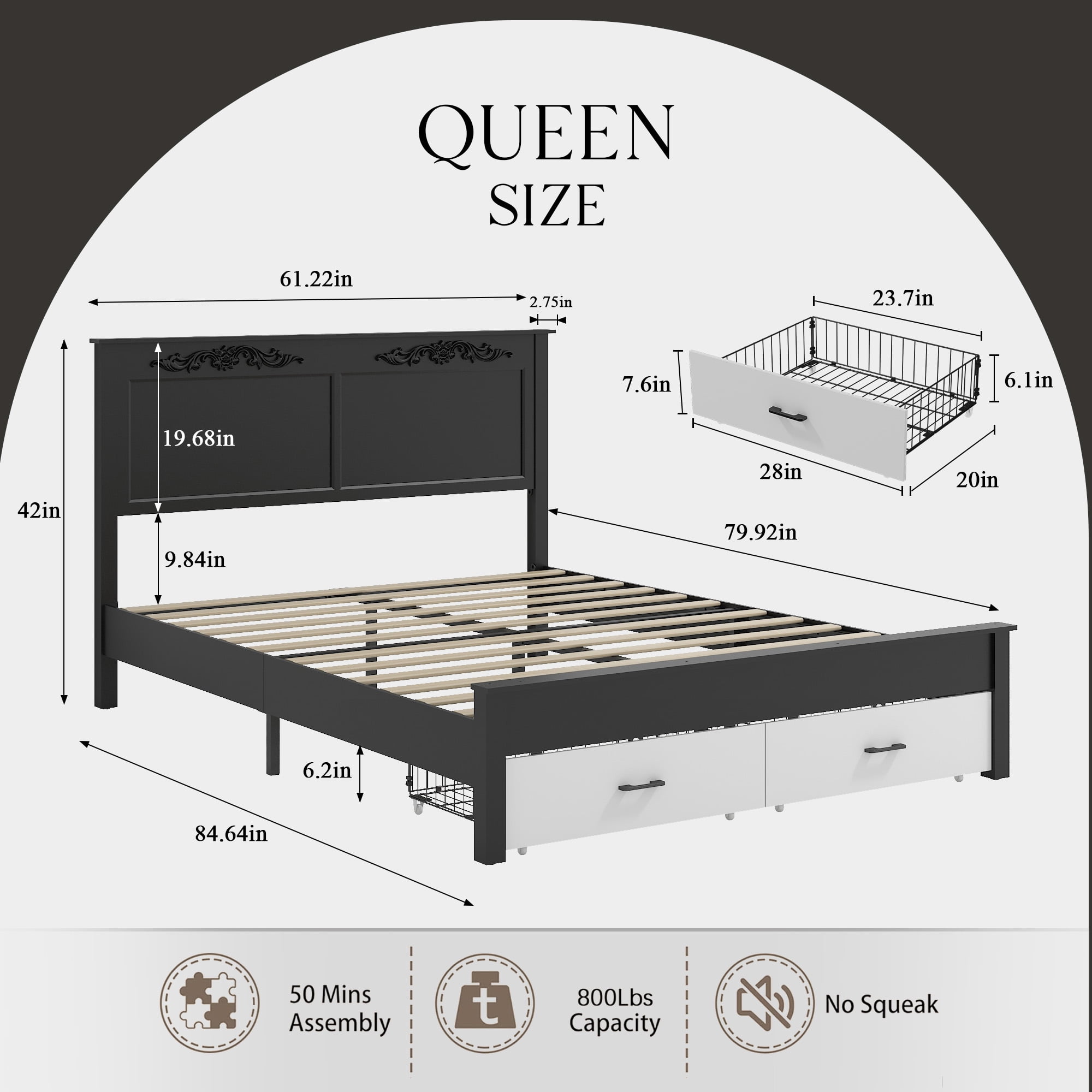 Gewnee Queen Size Rustic Farmhouse Platform Bed Frame, Steel Frame with Wood Slats, Noise‑Free, Under‑Bed Storage, Easy Assembly, No Box Spring Required for Bedroom, White & Black