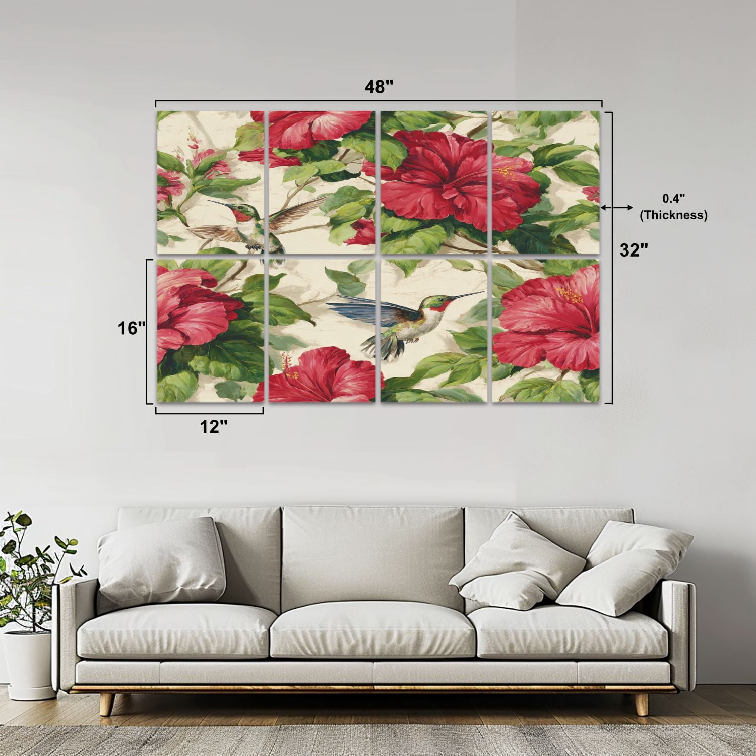 8 Pack Art Acoustic Panels Sound Absorbing Hummingbirds Red Hibiscus Floral Decorative Soundproof Wall Panels Self Adhesive for Nursery Game Room Bedroom 48"x32"