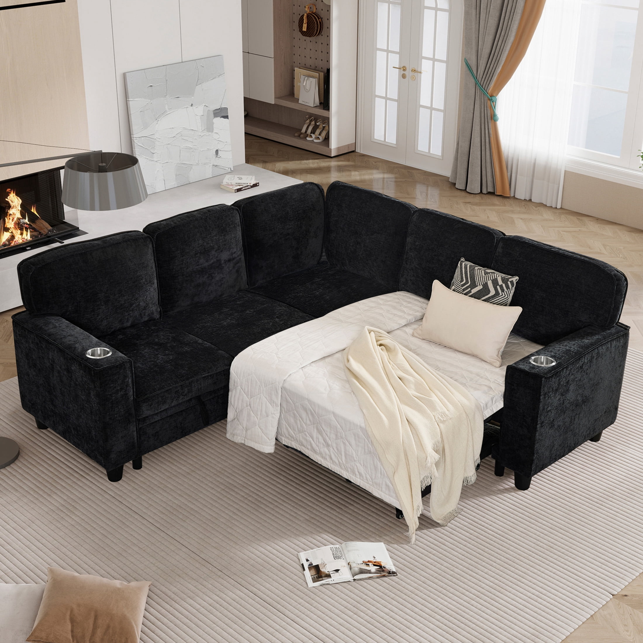 Aukfa Sectional Sleeper Sofa Bed w/Storage Seat, L Shaped Modular Sectional Sofa with USB Ports and Cup Holders for Living Room, Black