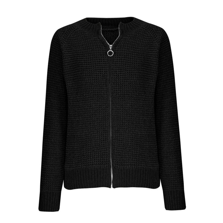 Crochet Zip Up Cardigan 【M】 Women Zip Up Cardigans Solid Color Round Neck Long Sleeve Chenille