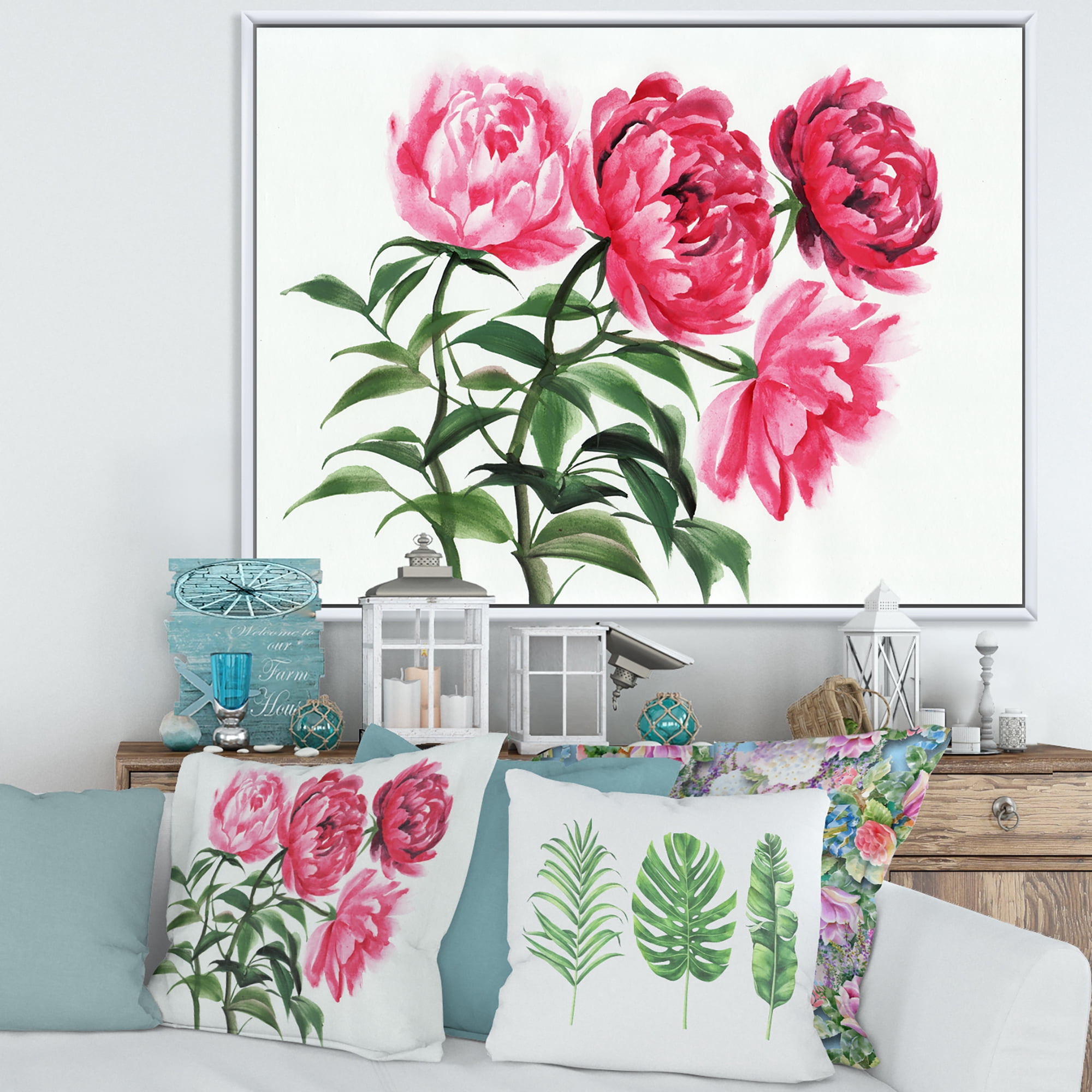 Abstract Four Vintage Pink Peonies' 20" x 12" Framed Painting Canvas Art Print, by Designart
