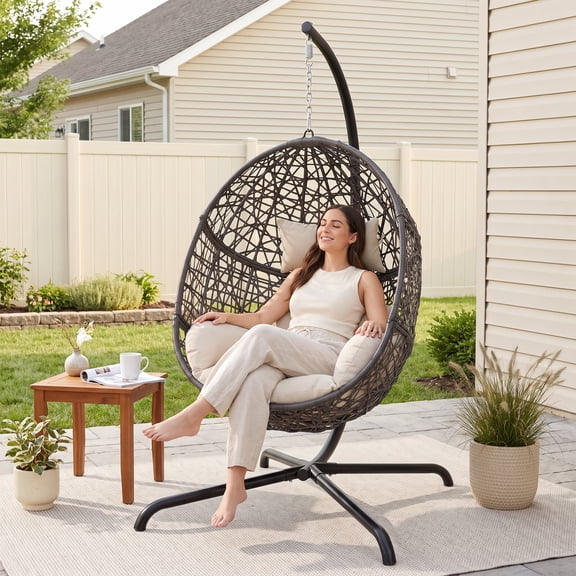 RADIATA Hanging Egg Chair with Stand, Outdoor Indoor Wicker Swing Chair, 350Lbs Nest Chair with Cushions, All-Weather Patio Hammock Seat for Porch Balcony Garden, Beige