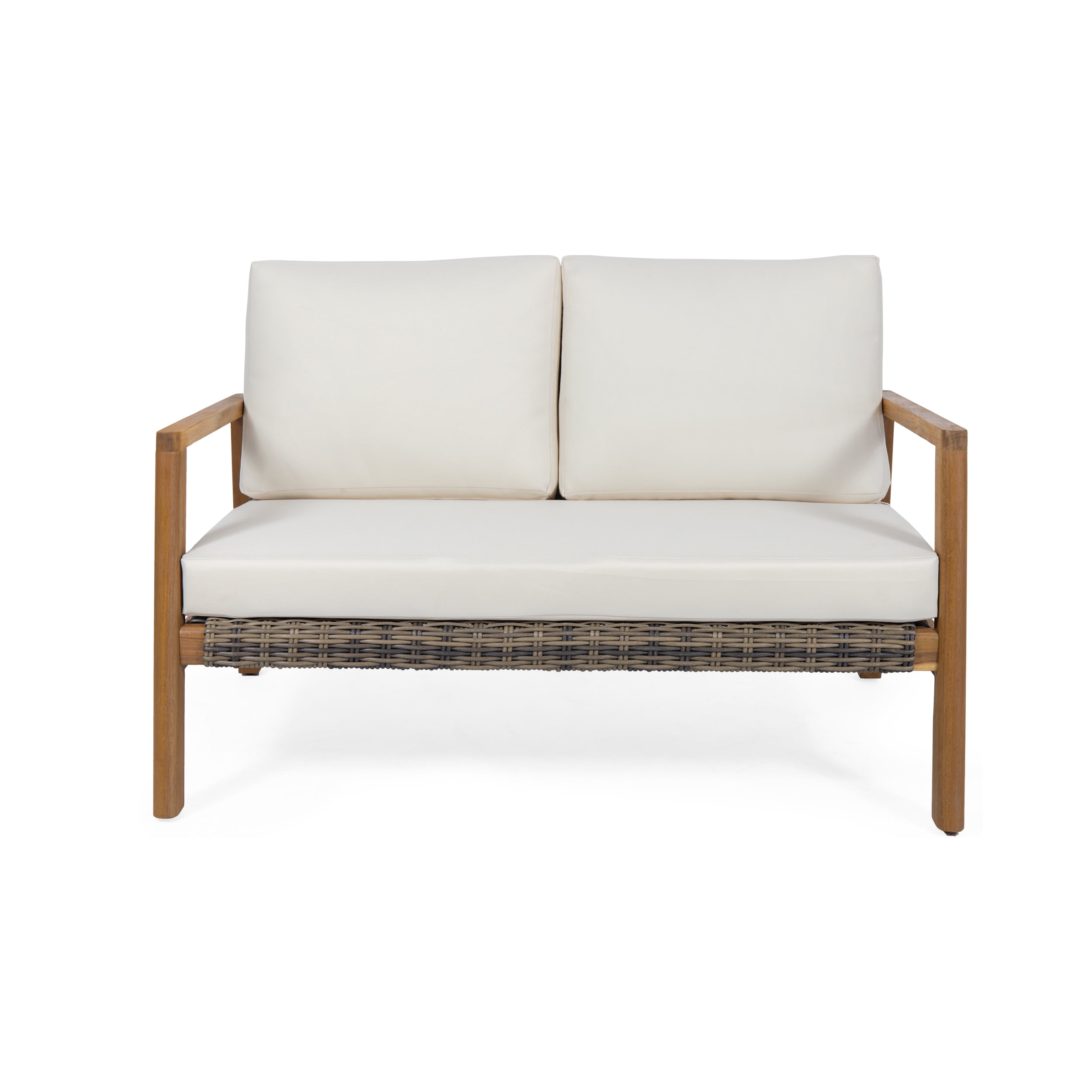 Rohan Outdoor Acacia Wood Loveseat with Wicker Accents, Teak, Gray
