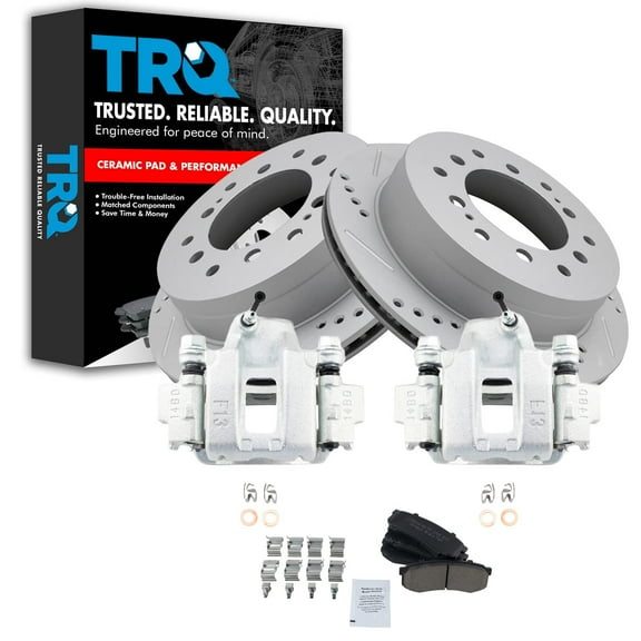TRQ Rear Performance Brake Pad & Rotor Kit Brake Caliper Brake Pads Brake Rotors Set Ceramic Premium G-Coated Fits Select 2003-2009 Toyota 4Runner 2007-2009 FJ Cruiser